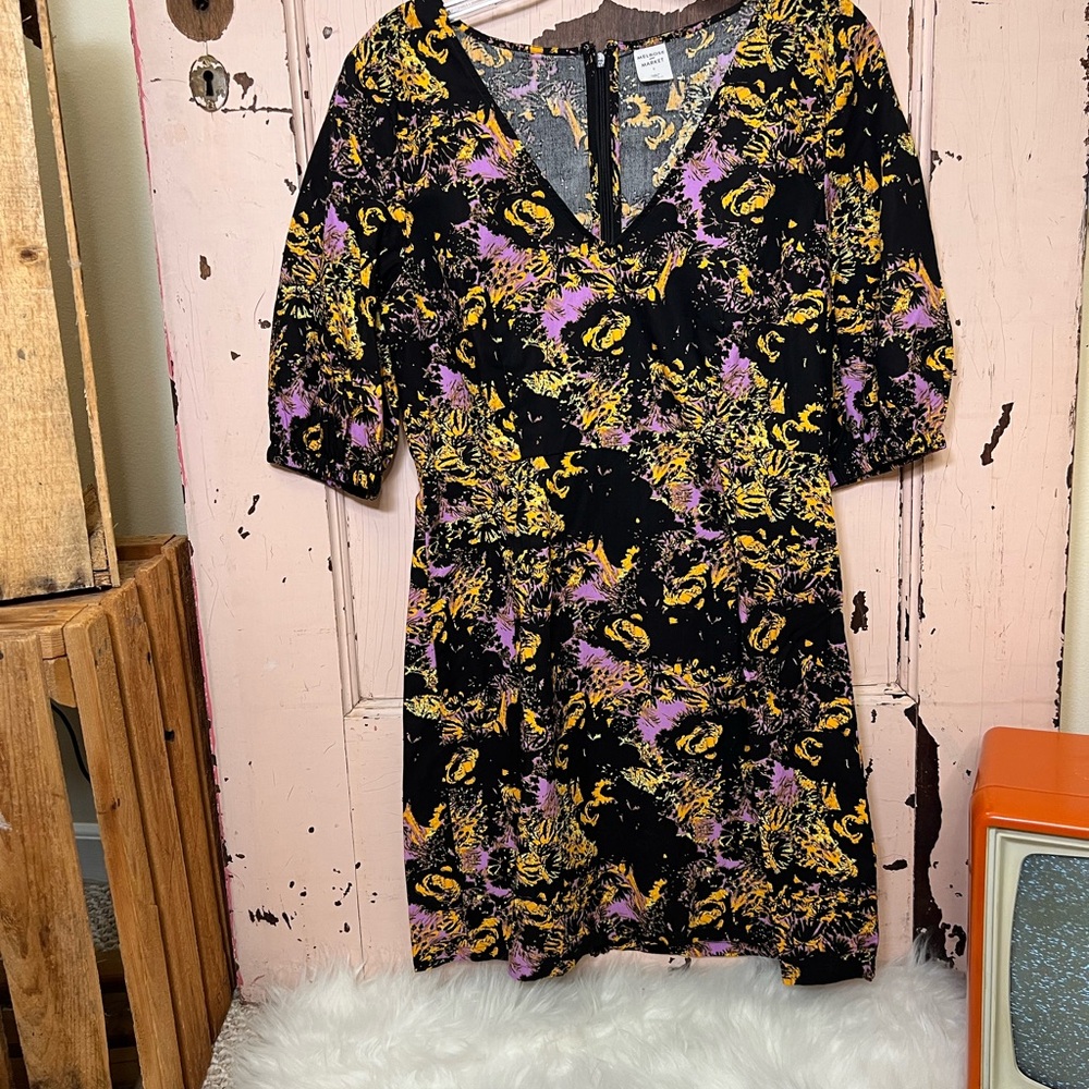 Melrose and Market Black, Purple, Gold Mini Dress 3/4 Puff Sleeves